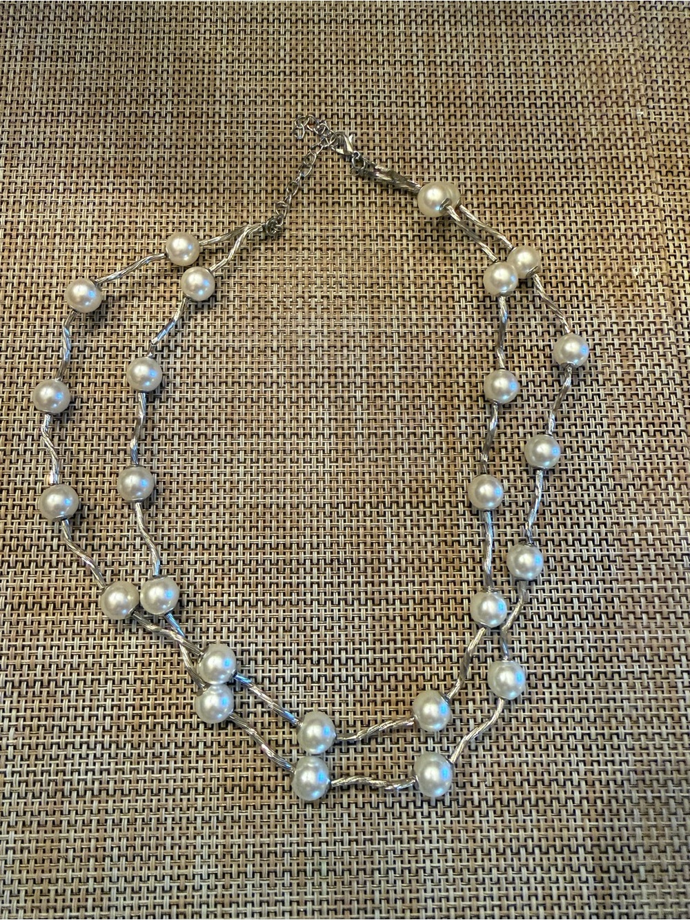 Layered White Pearl Necklace on Silver Color Chain